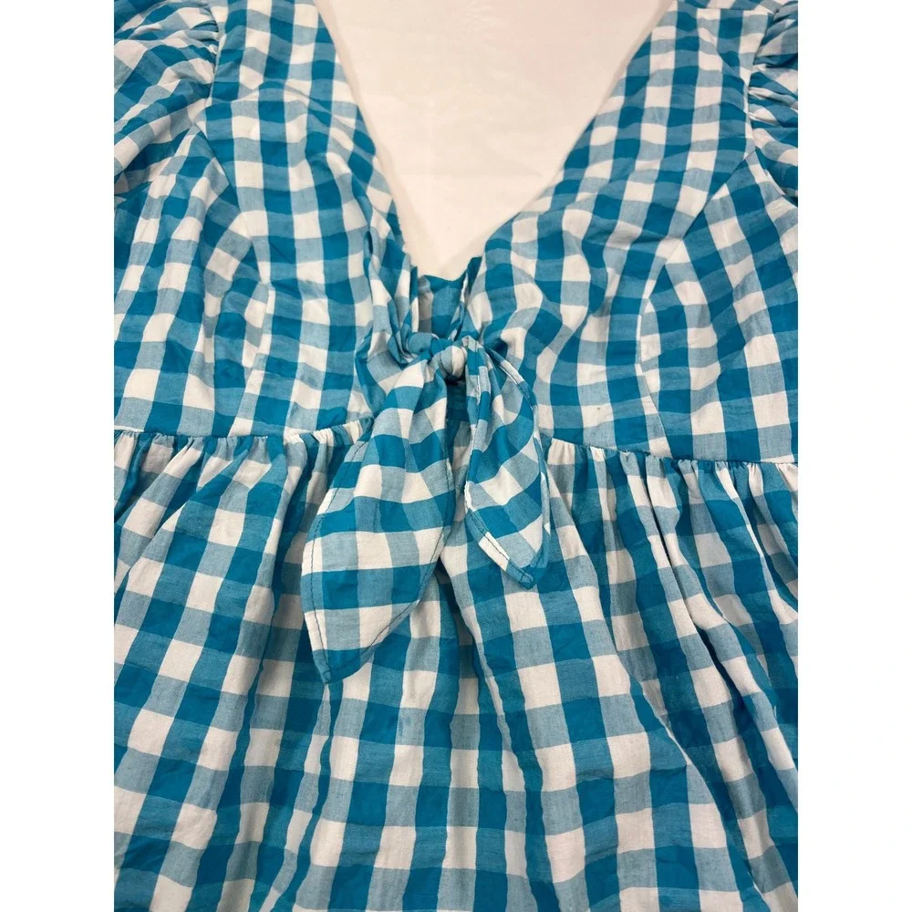 Lilly Pulitzer‎ Gingham Tie-Front Top Puff Sleeve Blue White Blouse